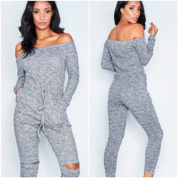 🆕Molly Ribbed Bardot Jumpsuit in Gray - Picture 2 of 6